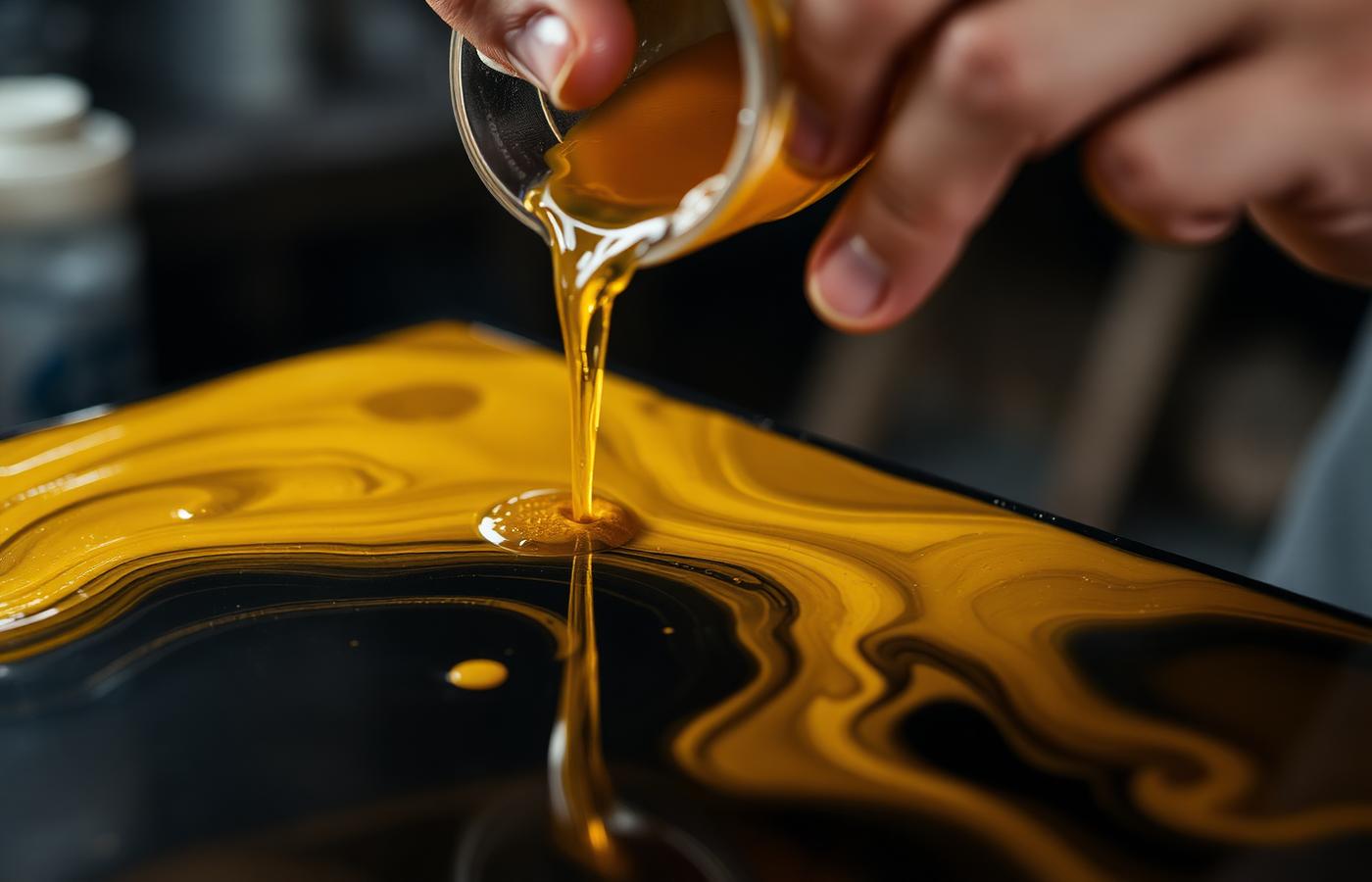 Golden resin being poured over a black panel