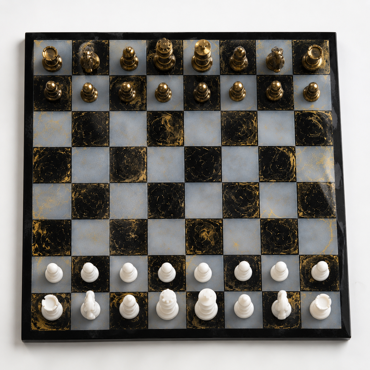Luxury Black & White Resin Chess Board with Gold Accents — handcrafted resin black & white chess board