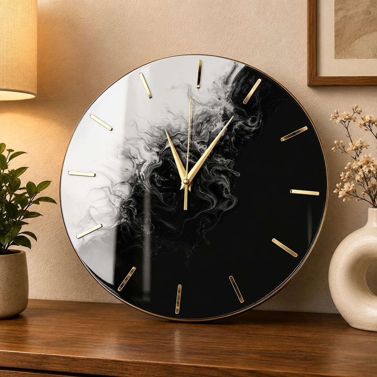Black & White Abstract Resin Wall Clock — handcrafted resin abstract resin clock