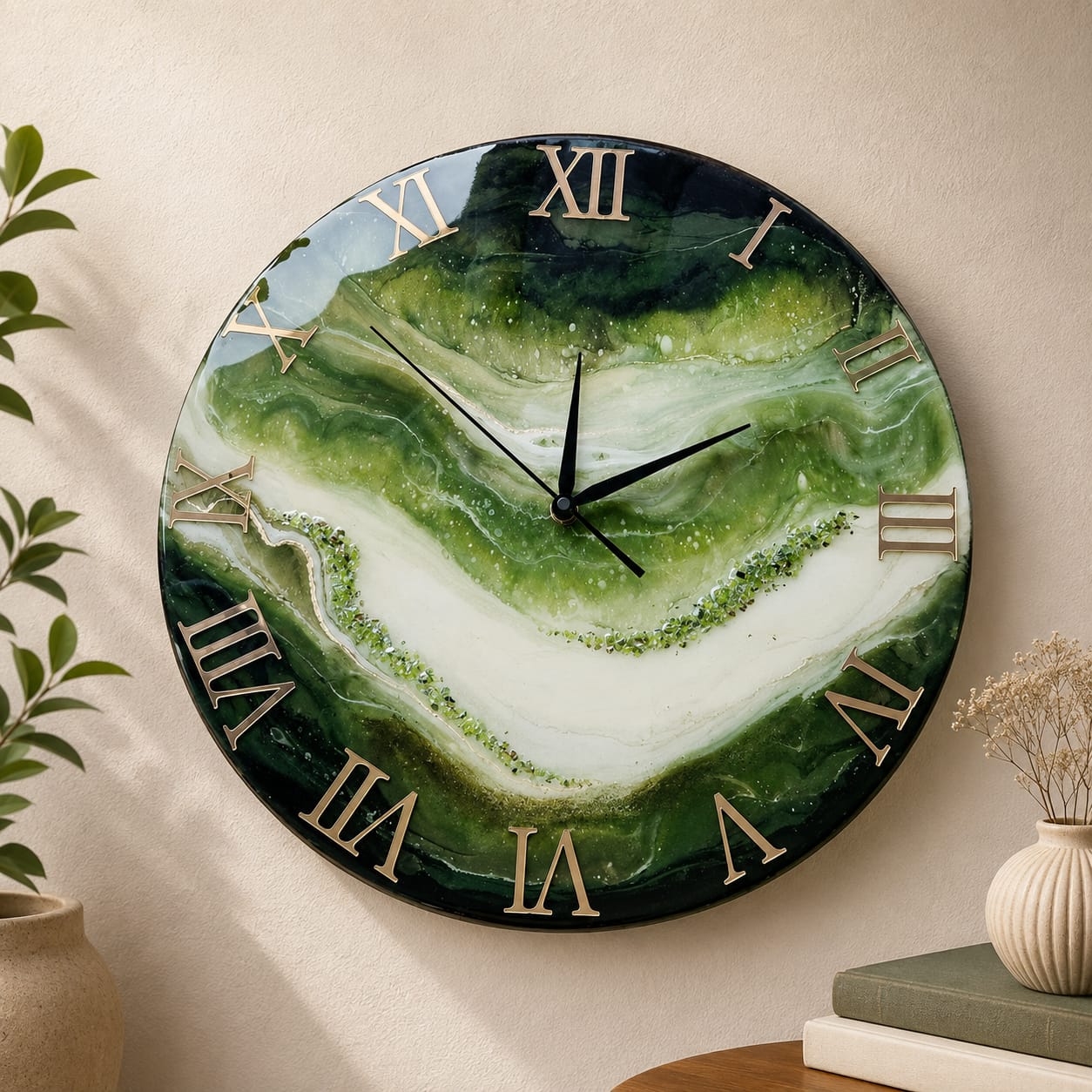 Green & White Resin Art Clock with Gold Roman Numerals — handcrafted resin roman numeral resin clock