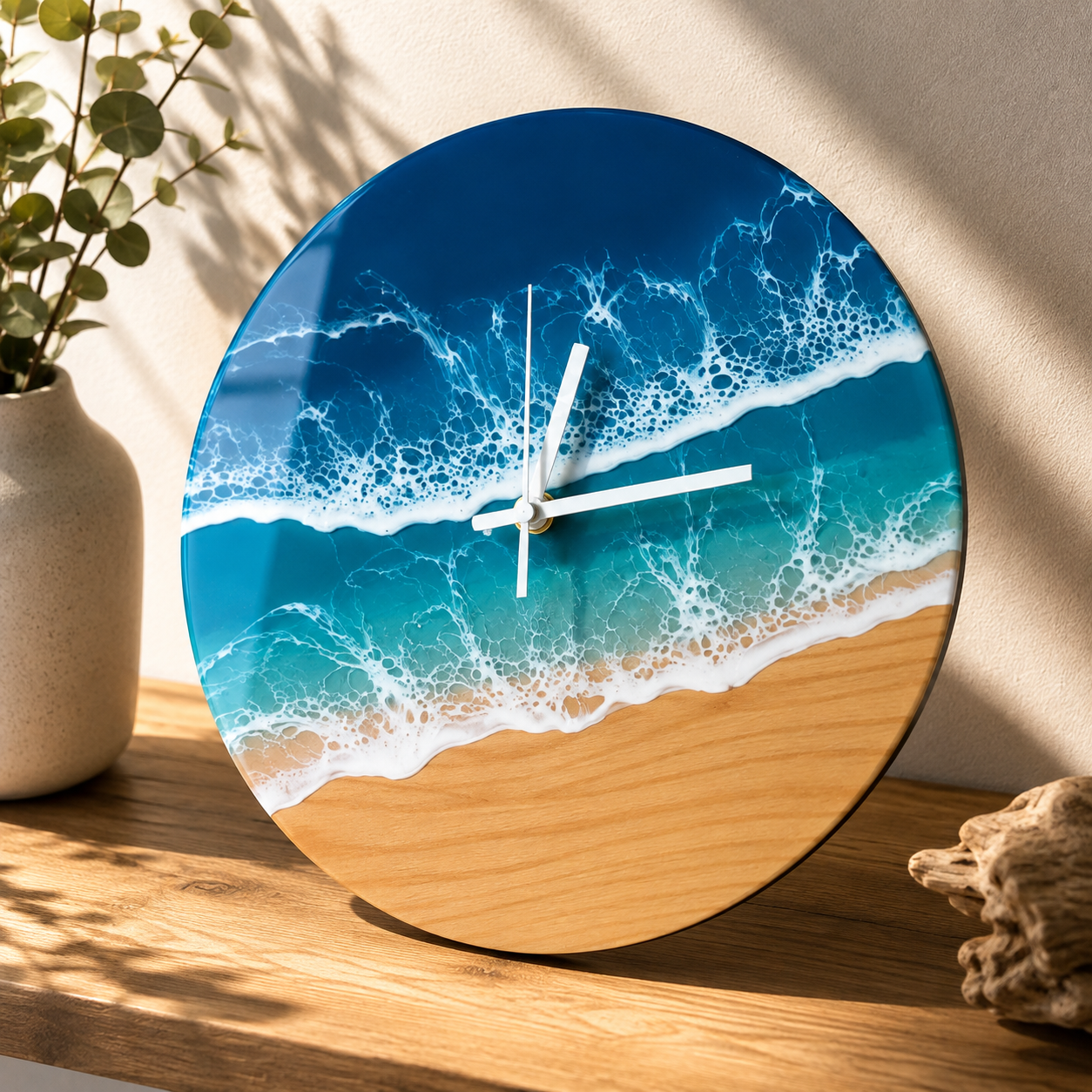 Blue Ocean Waves Resin Art Clock with Wooden Base — handcrafted resin ocean resin clock